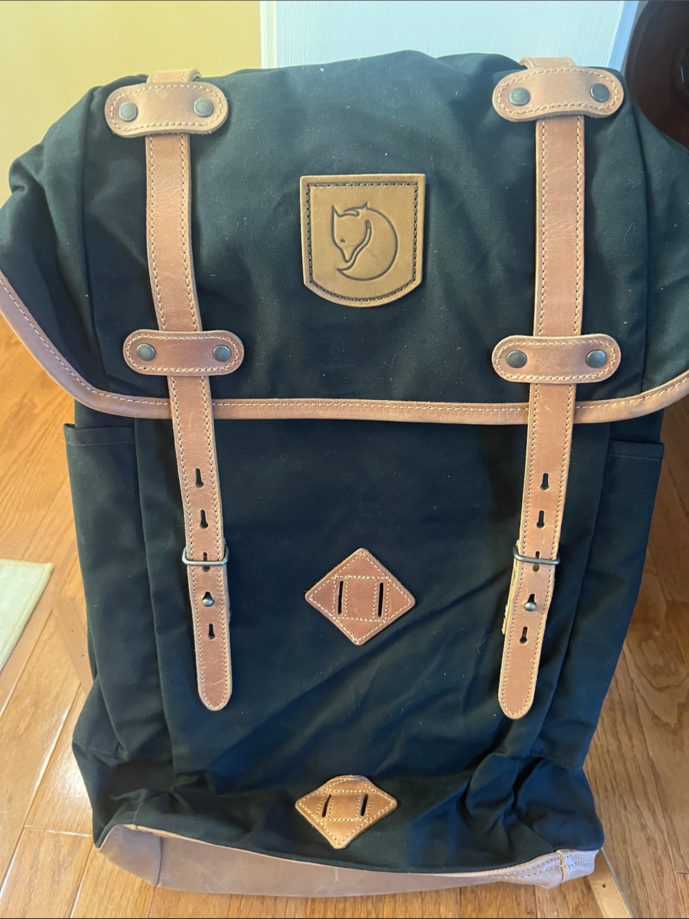 Fjallraven Black Backpack with Brown Leather Trim